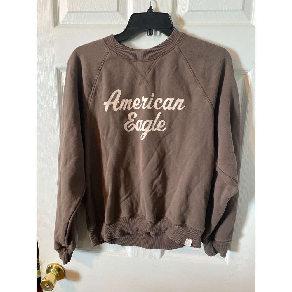 American Eagle Brown Script Logo Crewneck Sweatshirt XS Raglan Fleece Pullover